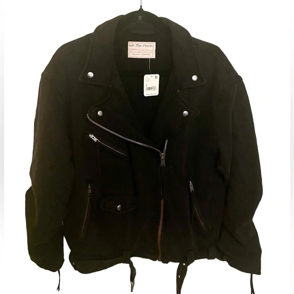 FREE PEOPLE Denim Moto Jacket in Black Rebel Rebel Knit Moto Jacket in Black NWT - Picture 9 of 10